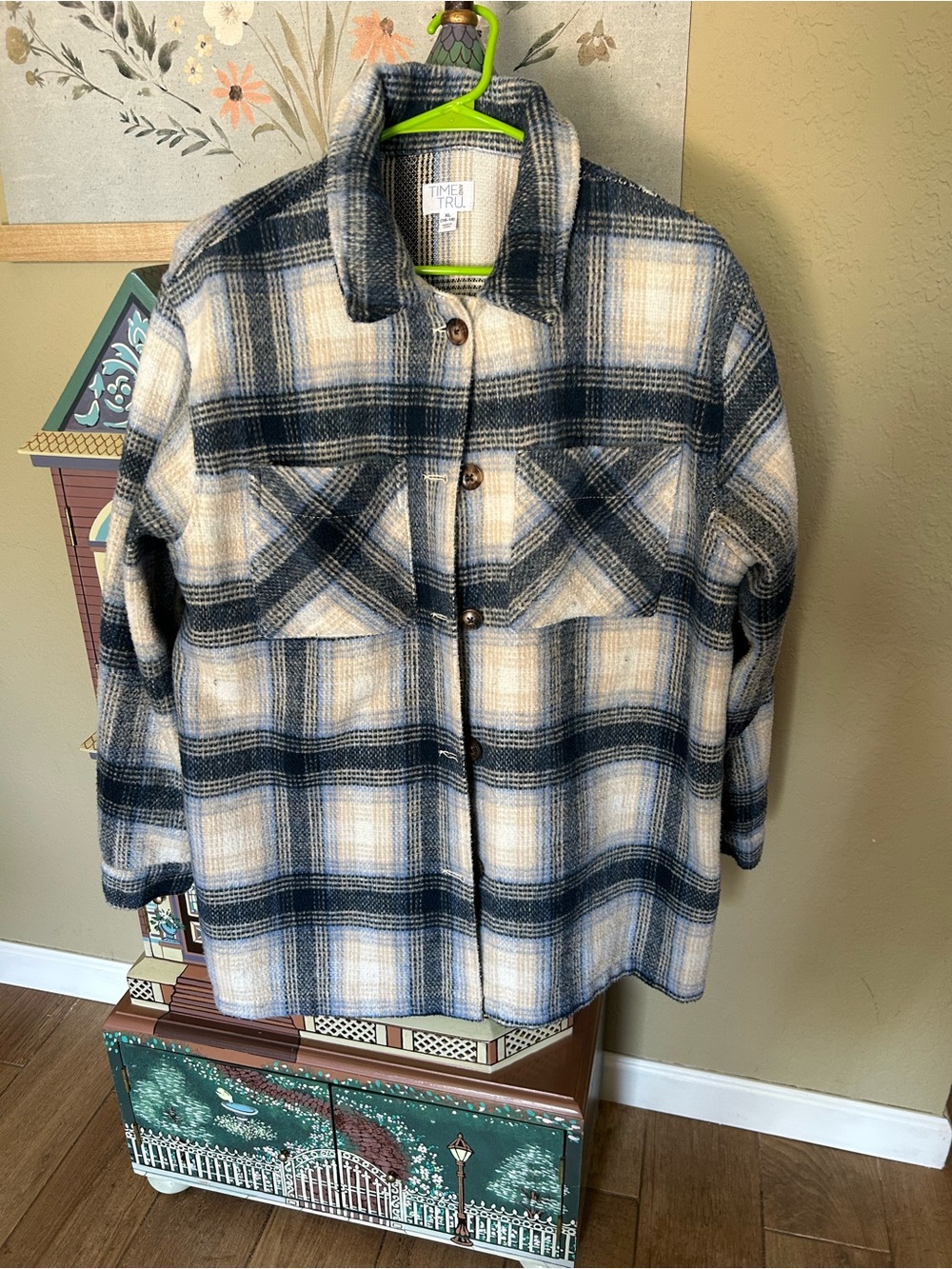 Time and Tru Navy and Cream Plaid Teddy Shacket
